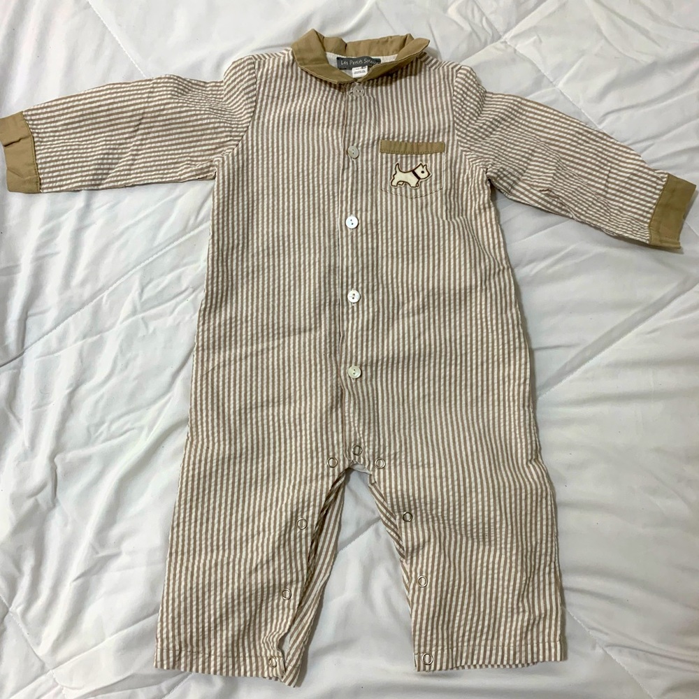 Les Petits Soleils 12M baby boy romper, coverall NWOT, striped, puppy onesie
